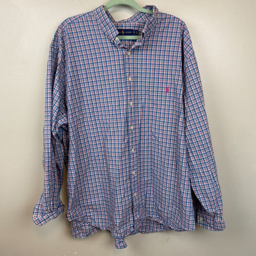 Ralph Lauren Shirt Mens 3XB Blue Plaid Colorful EUC Preppy Pink Pony EUC‎